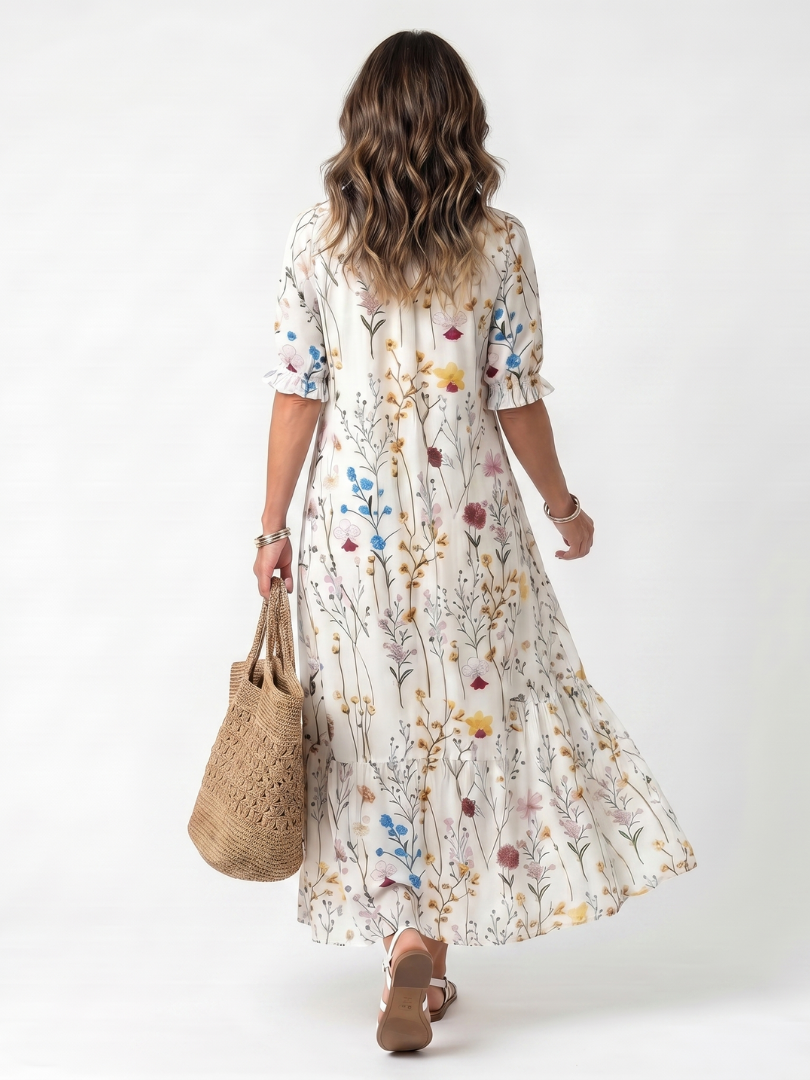 Sylvie | Vestido midi com estampado botânico e cordões com borlas