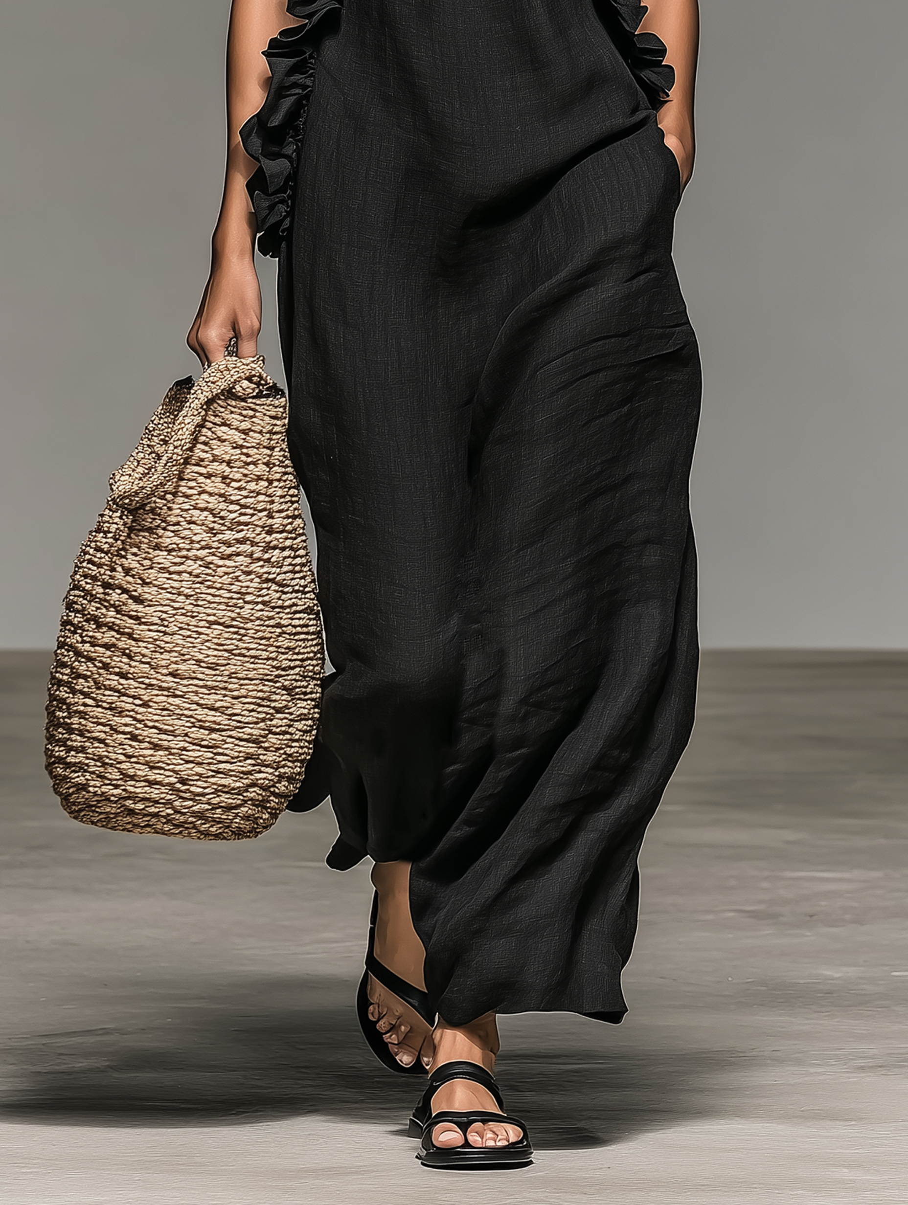 Vestido maxi sem mangas, em uma mistura de linho, com detalhes de folhos