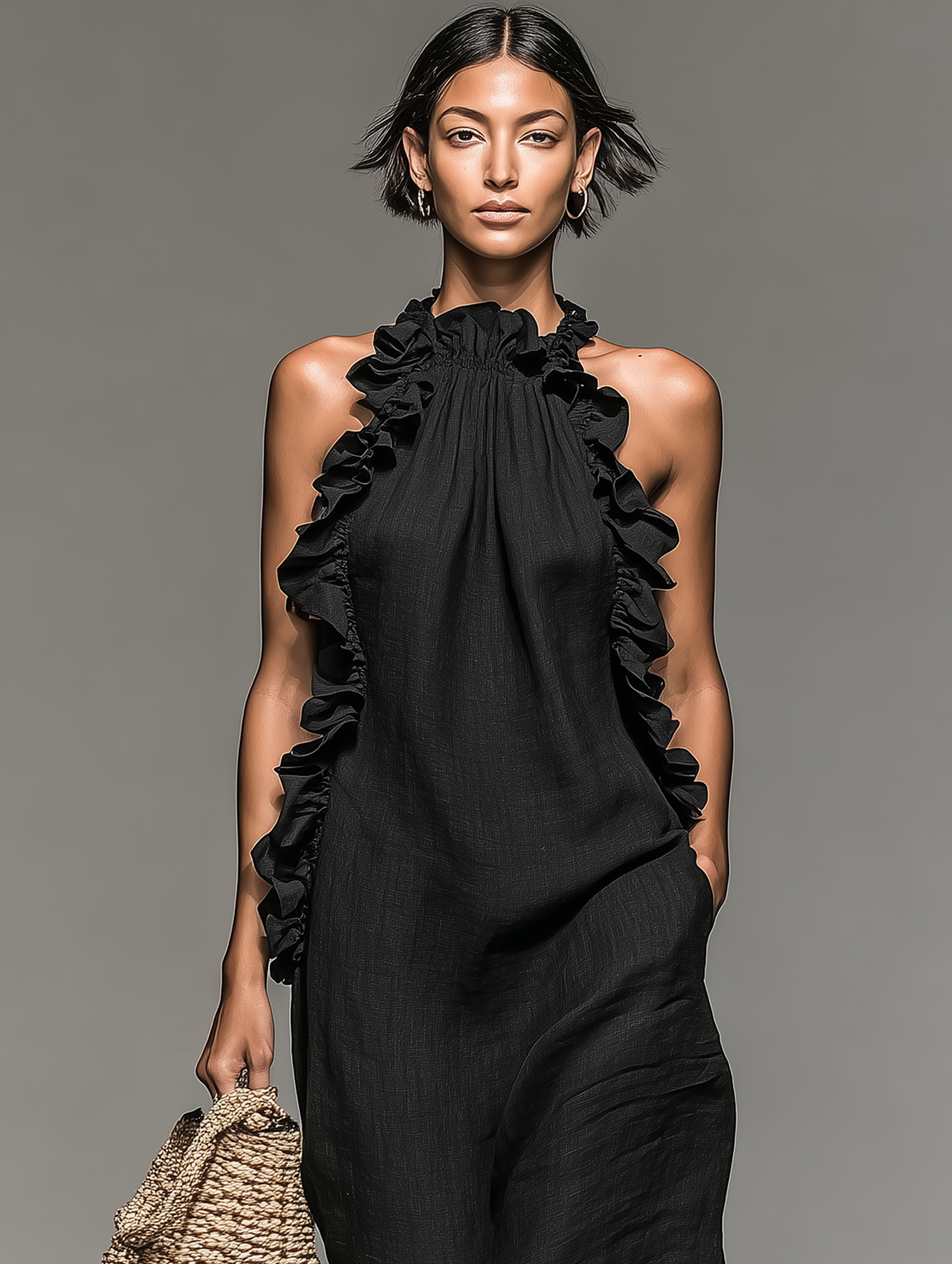 Vestido Maxi sem Mangas em Mistura de Linho com Detalhes de Folhos