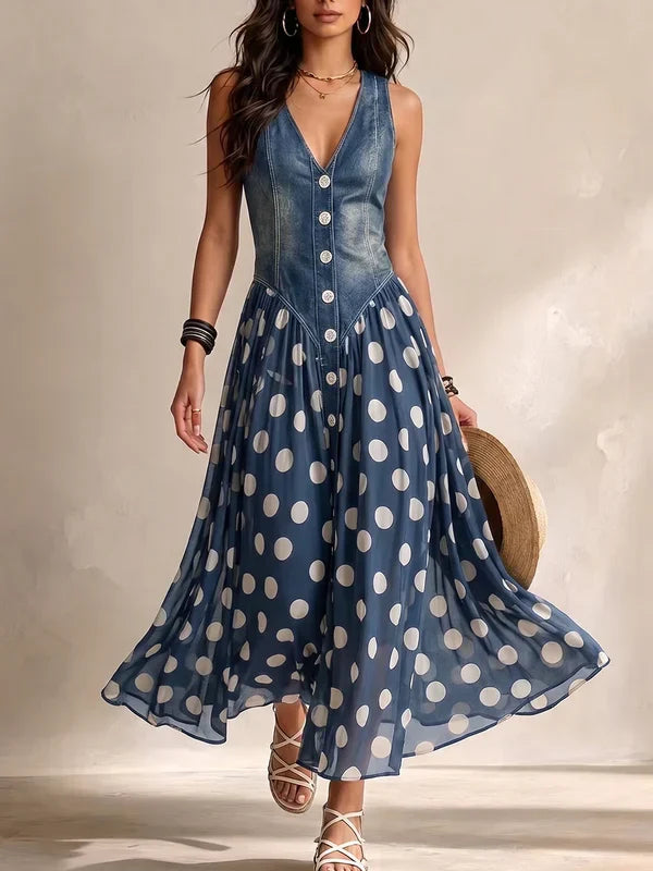 Brenda | Vestido elegante de ganga com saia de chiffon com padrão de bolinhas