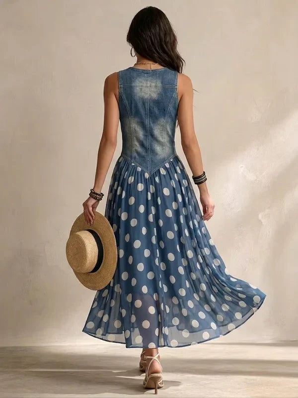 Brenda | Vestido elegante de ganga com saia de chiffon com padrão de bolinhas