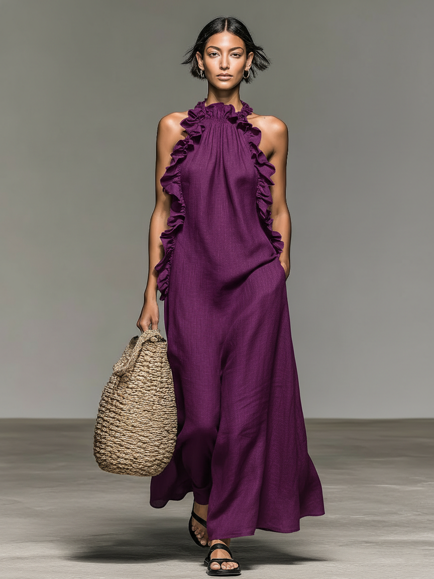 Vestido maxi sem mangas, em uma mistura de linho, com detalhes de folhos