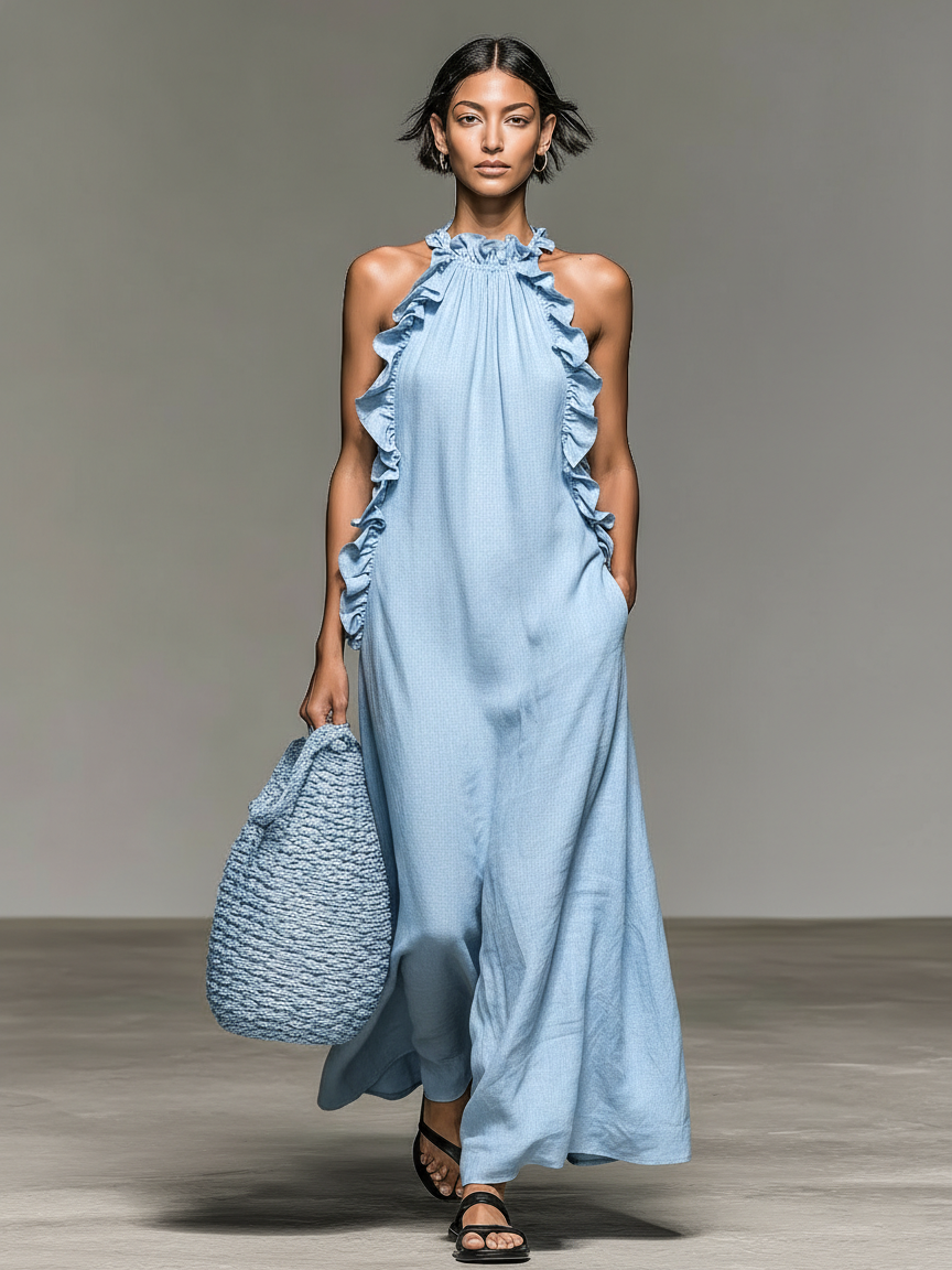 Vestido maxi sem mangas, em uma mistura de linho, com detalhes de folhos