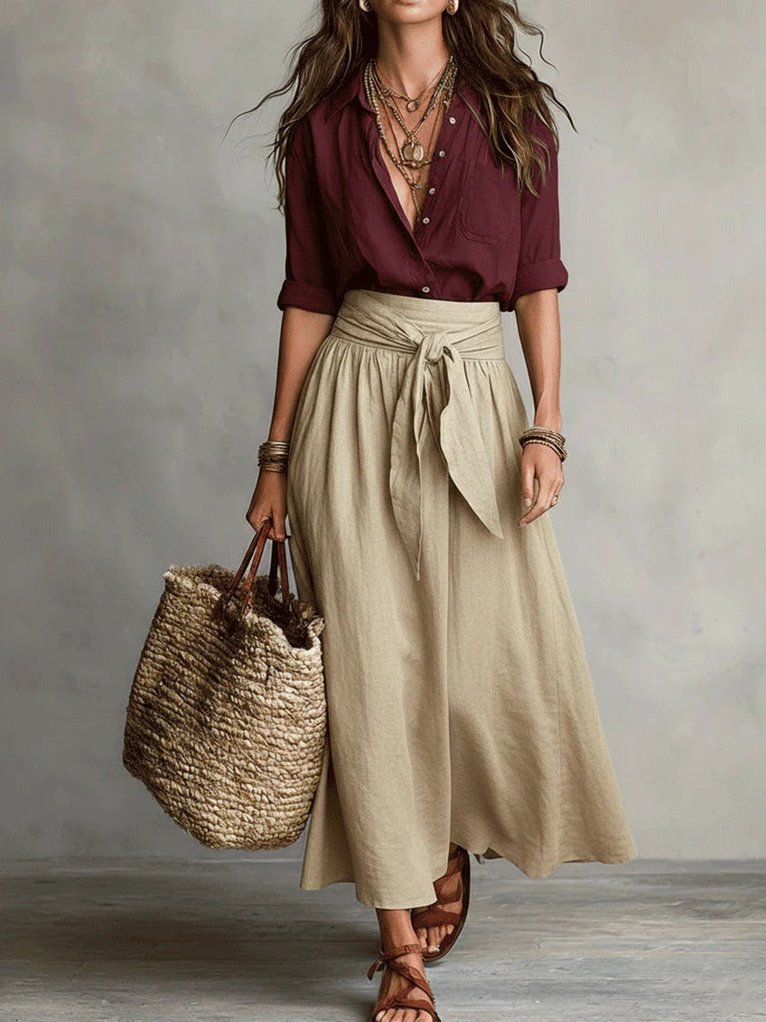 Vera – Conjunto de duas peças: t-shirt preta e saia midi verde-oliva