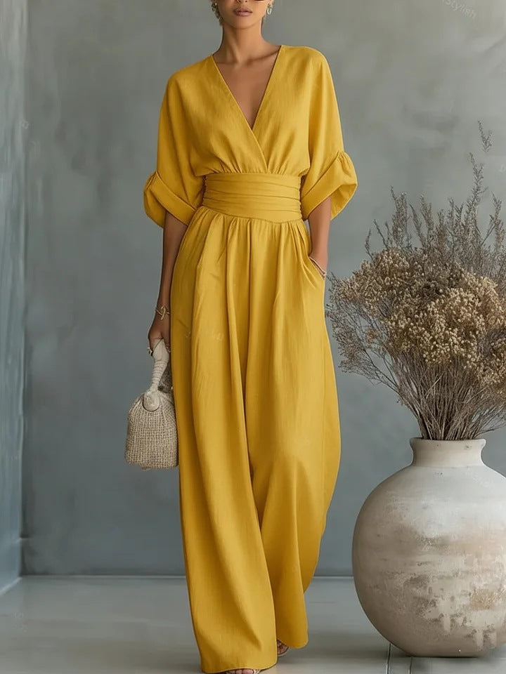 Macacão boho feminino com pernas largas, cintura alta e decote em V
