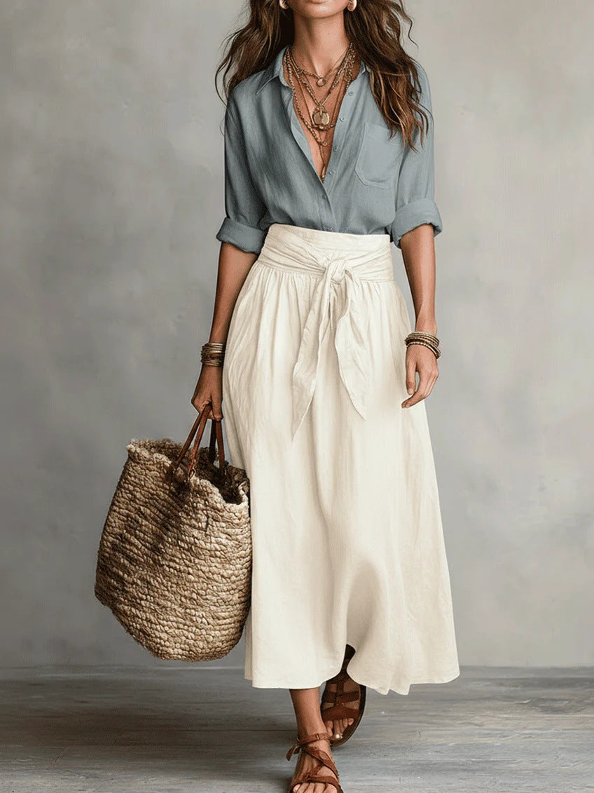 Vera – Conjunto de duas peças: t-shirt preta e saia midi verde-oliva