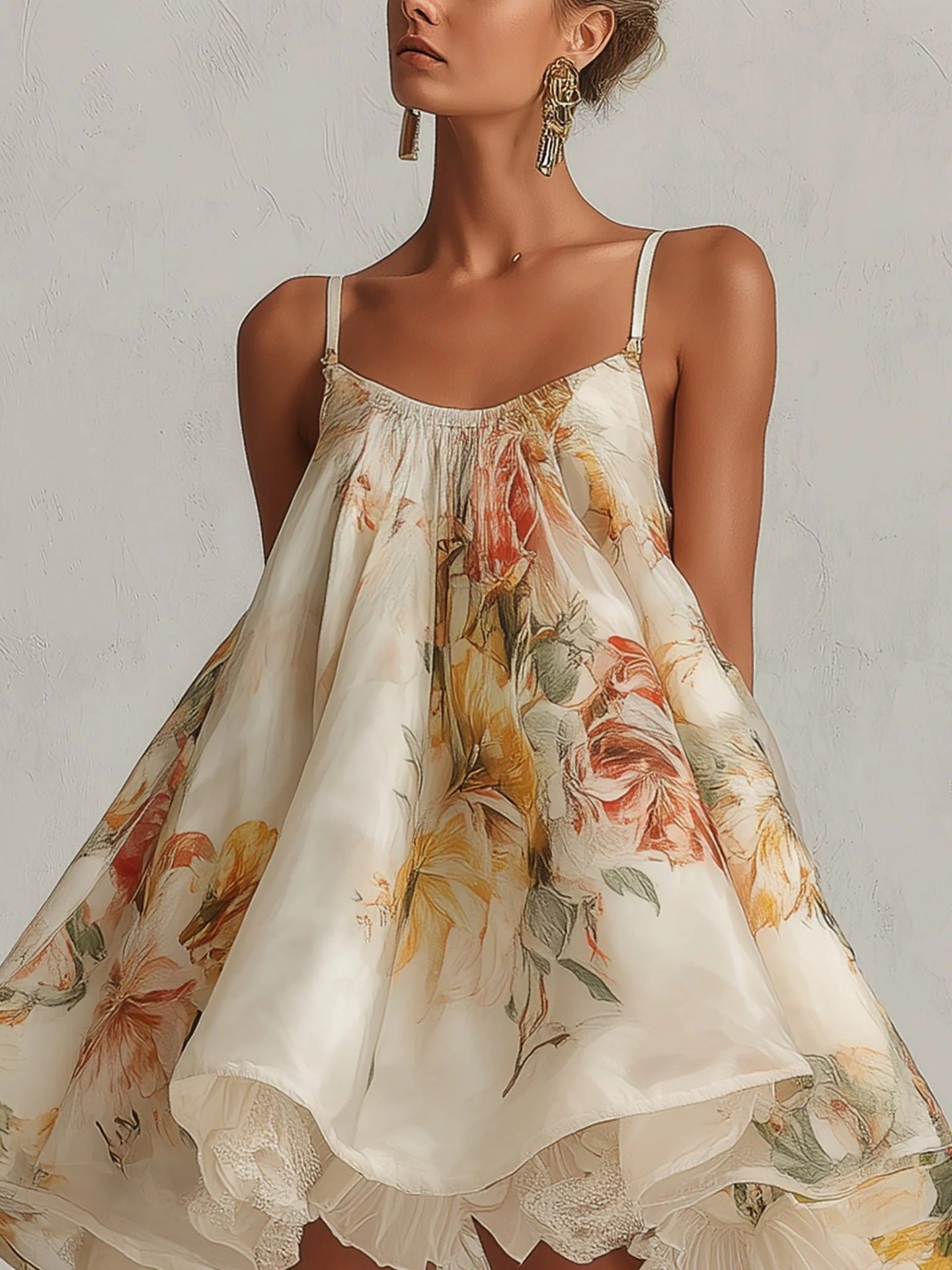 Liliana | Vestido curto em linha A, em organza bege com padrão floral e detalhes em renda