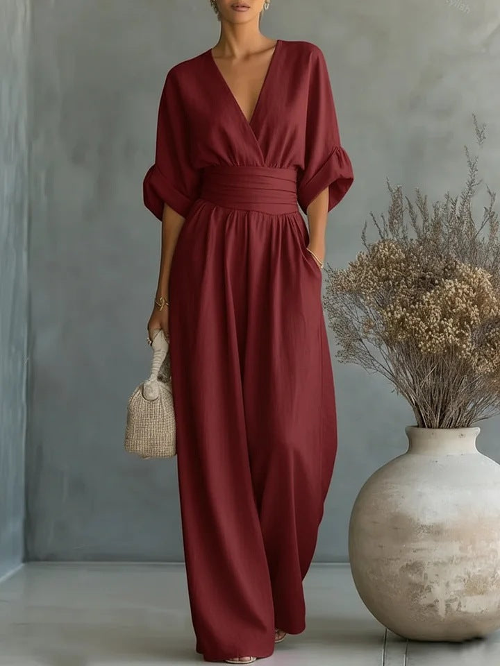 Macacão boho feminino com pernas largas, cintura alta e decote em V