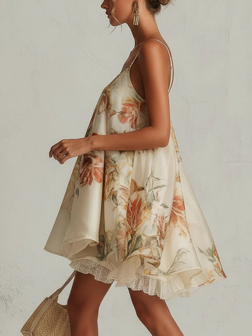 Liliana | Vestido curto em linha A, em organza bege com padrão floral e detalhes em renda