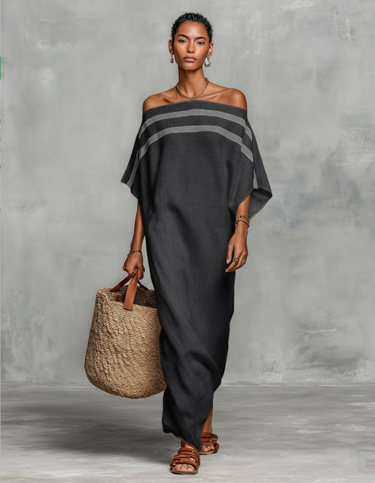 Aveline™ | Vestido maxi com ombros à mostra e mangas em forma de asa de morcego