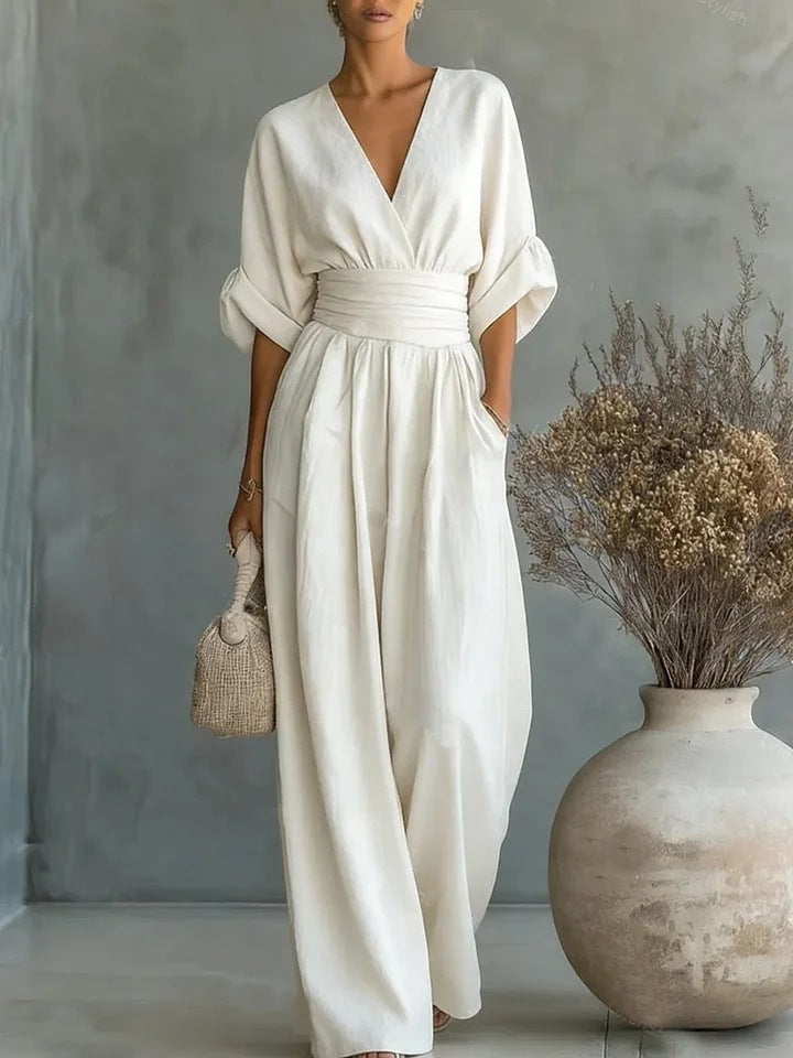 Macacão boho feminino com pernas largas, cintura alta e decote em V