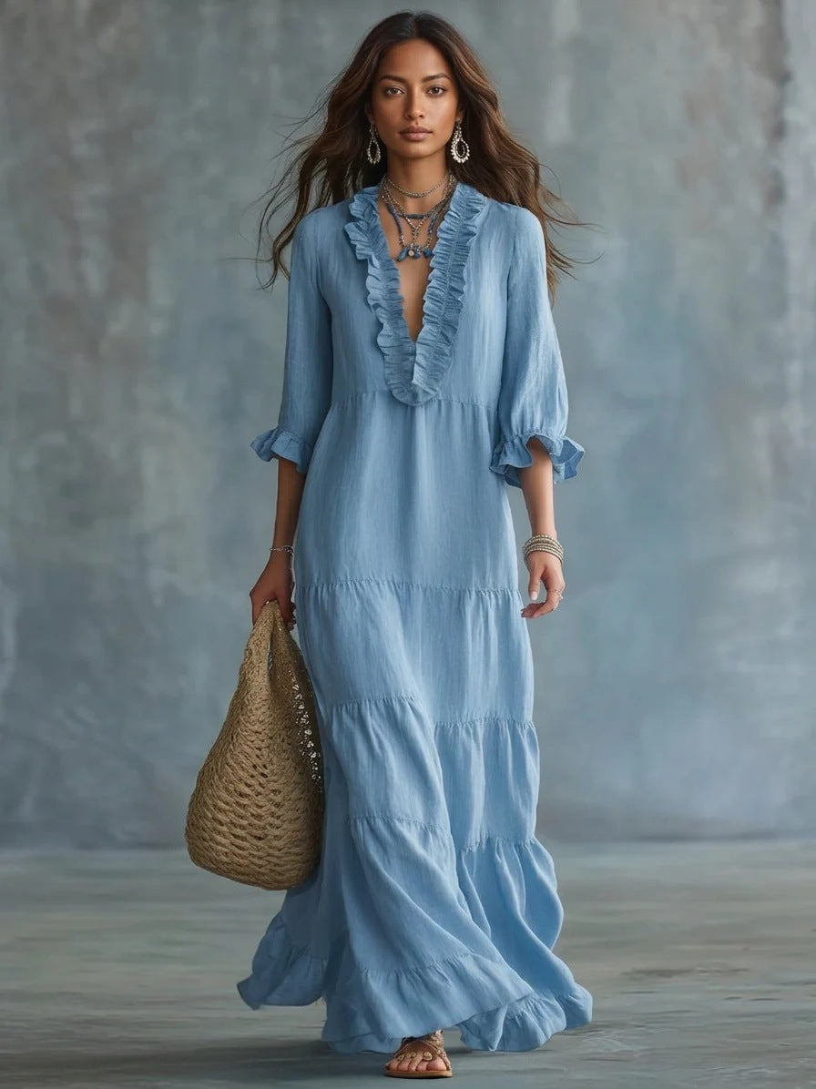 Anita | Vestido maxi estilo boho em azul-celeste, com decote em V e folhos