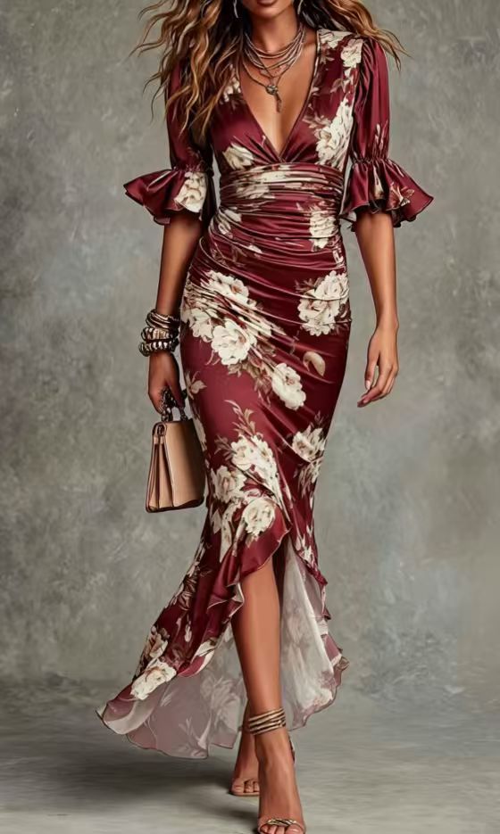 Anna – Vestido longo assimétrico de cetim verde com decote em V