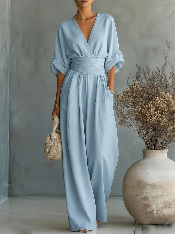 Macacão boho para senhora, com perna larga, cintura alta e decote em V