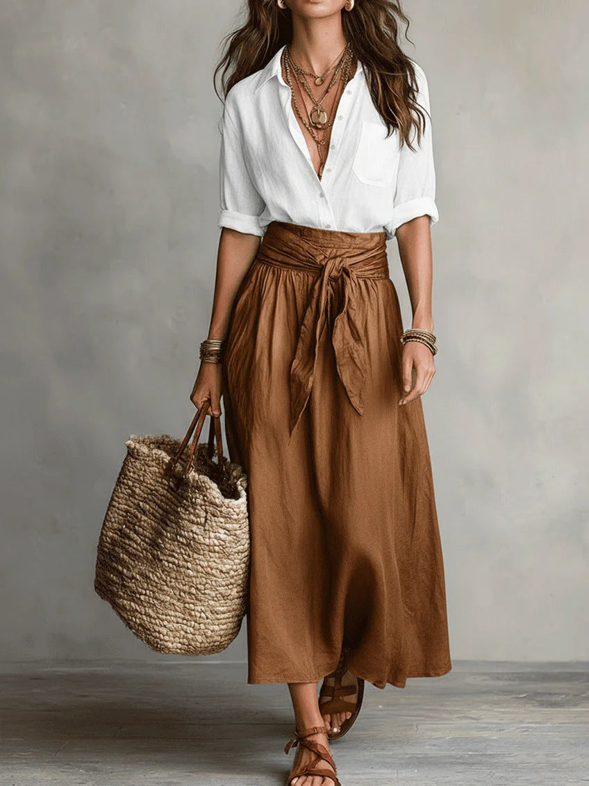 Vera – Conjunto de duas peças: t-shirt preta e saia midi verde-oliva