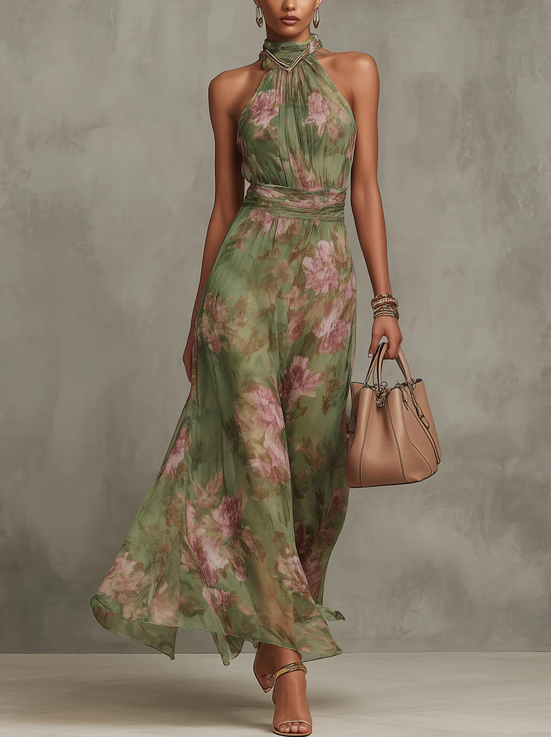 Livia | Vestido maxi elegante com decote halter e padrão floral