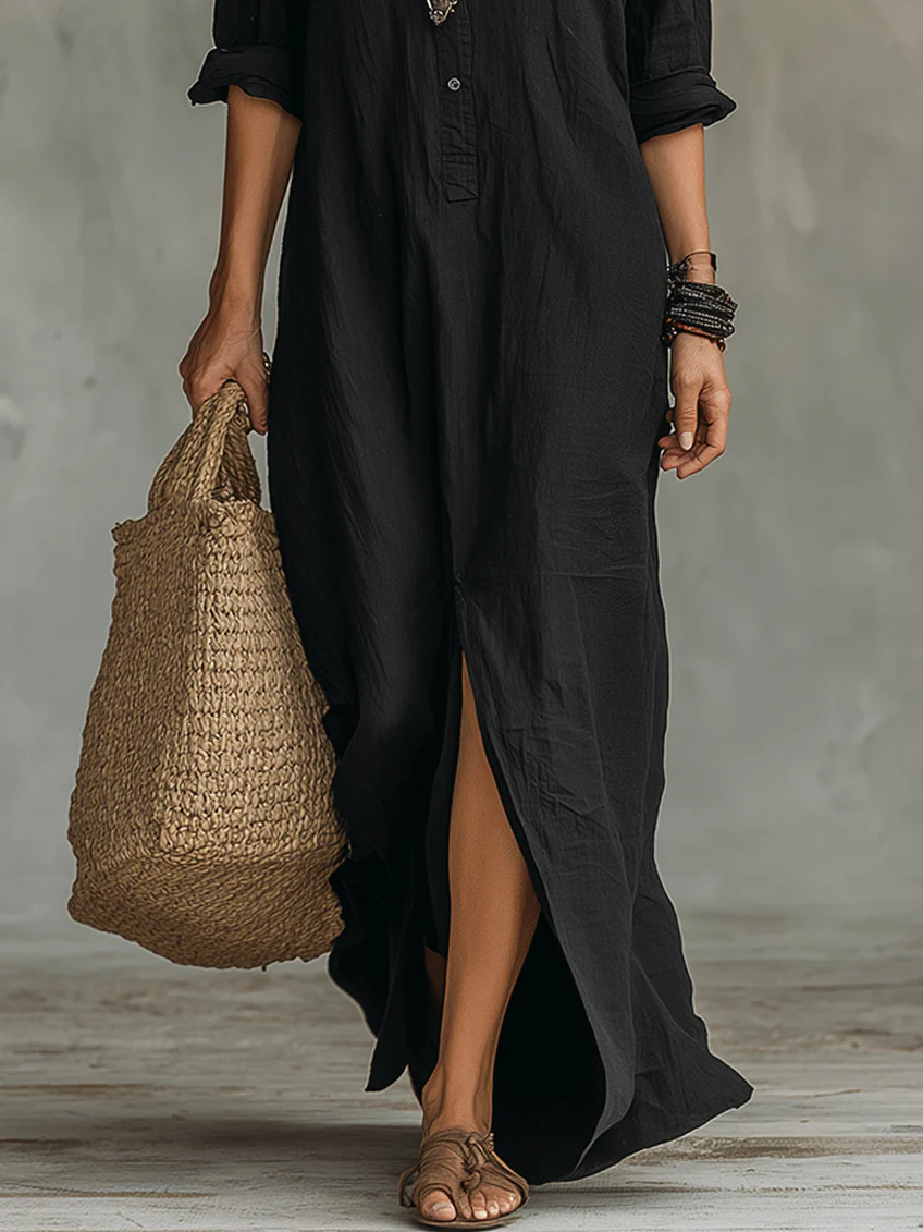 Soline™ | Vestido maxi preto de corte largo com botões