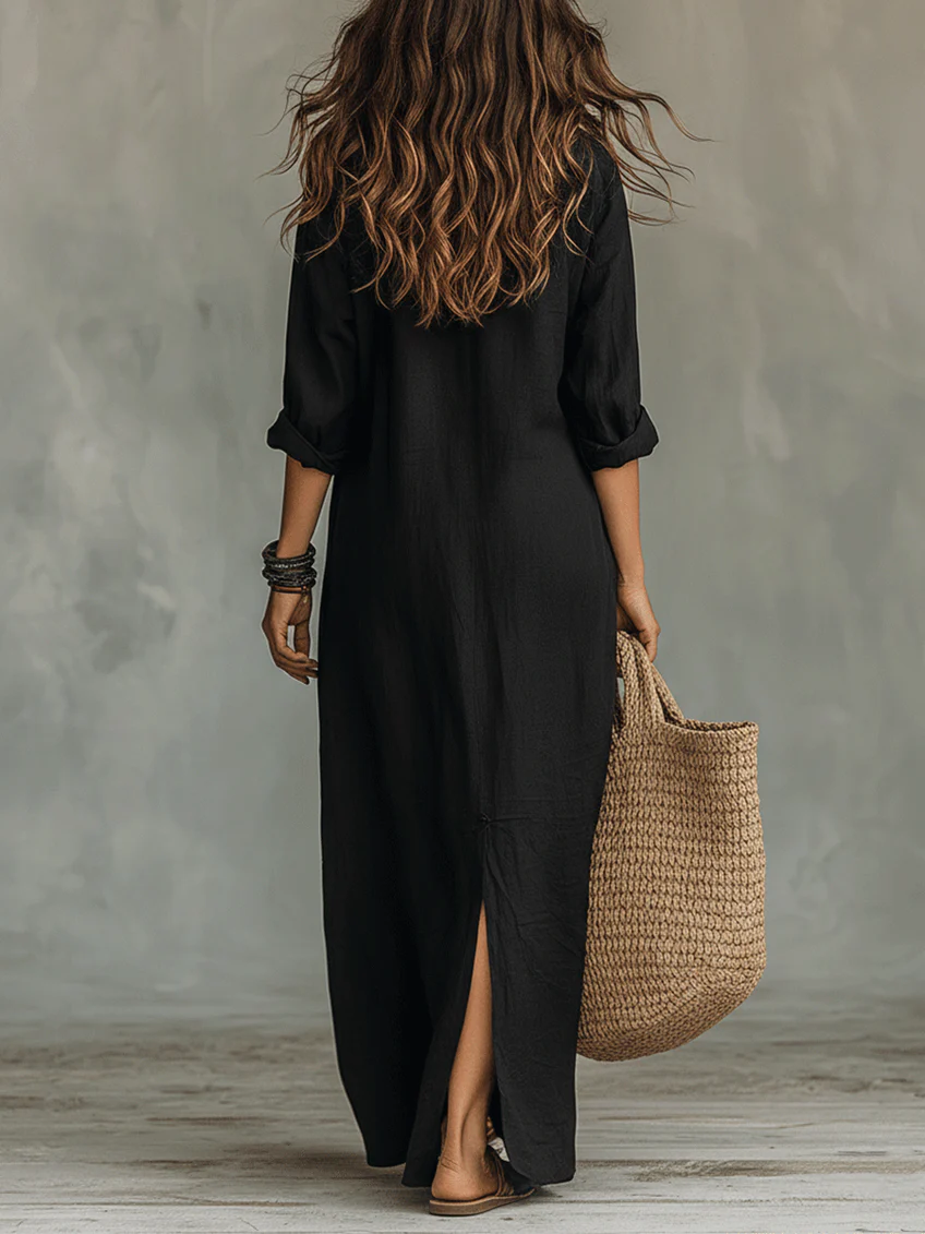 Soline™ | Vestido maxi preto de corte largo com botões
