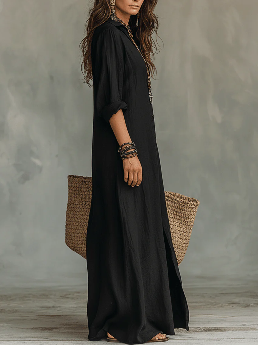 Soline™ | Vestido maxi preto de corte largo com botões