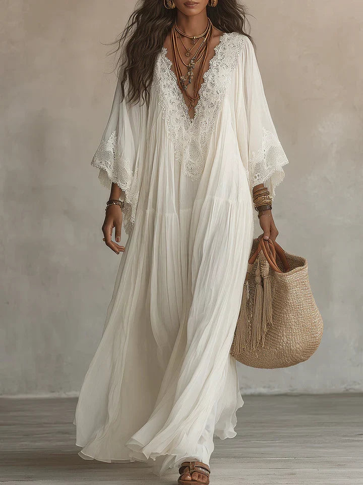 Serena | Vestido longo de chiffon branco com decote em V, mangas em forma de asa de morcego e renda branca