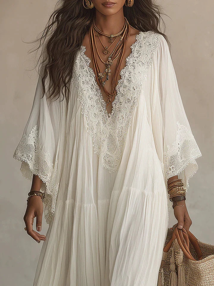Serena | Vestido longo de chiffon branco com decote em V, mangas em forma de asa de morcego e renda branca