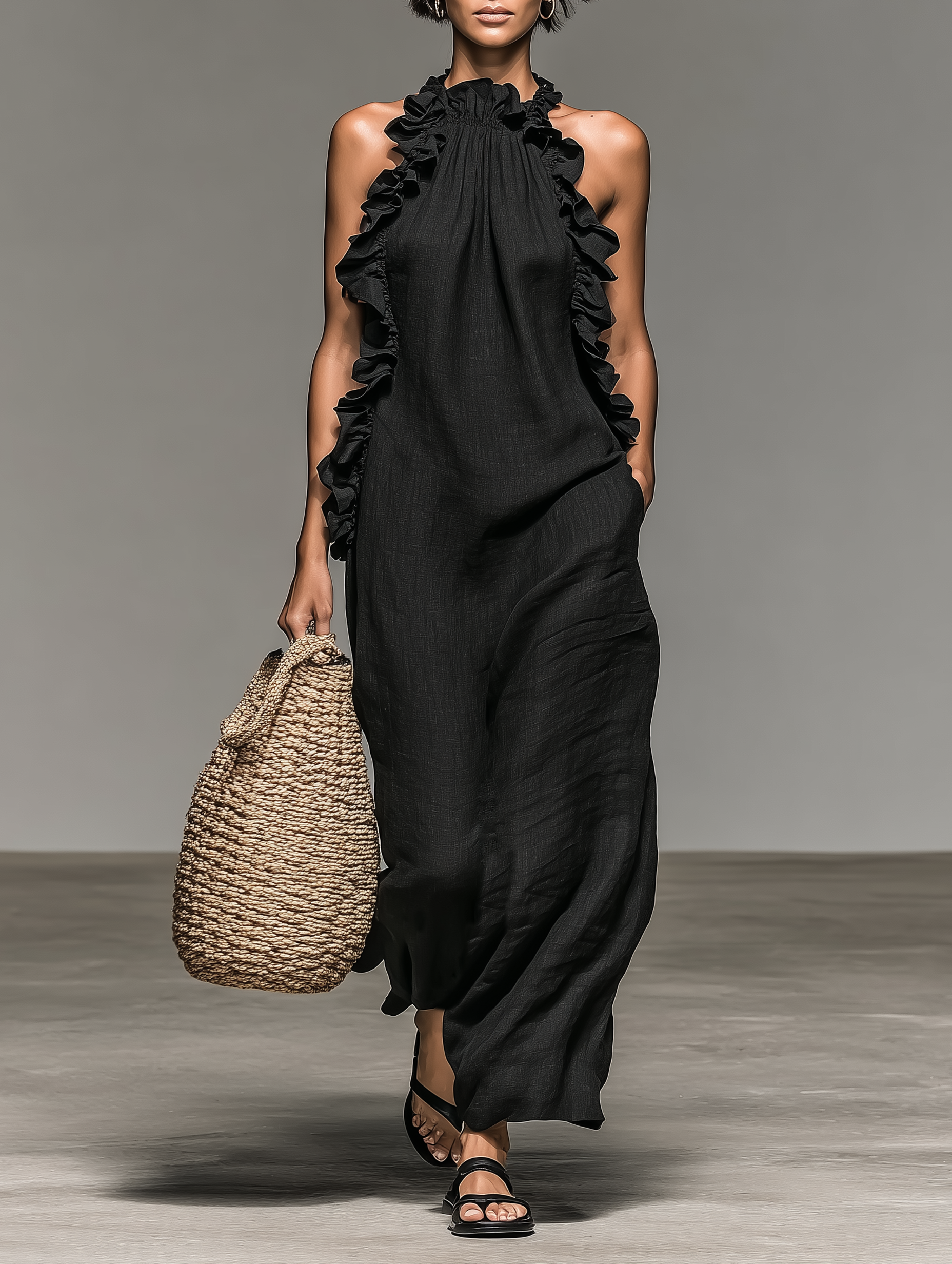 Vestido maxi sem mangas, em uma mistura de linho, com detalhes de folhos