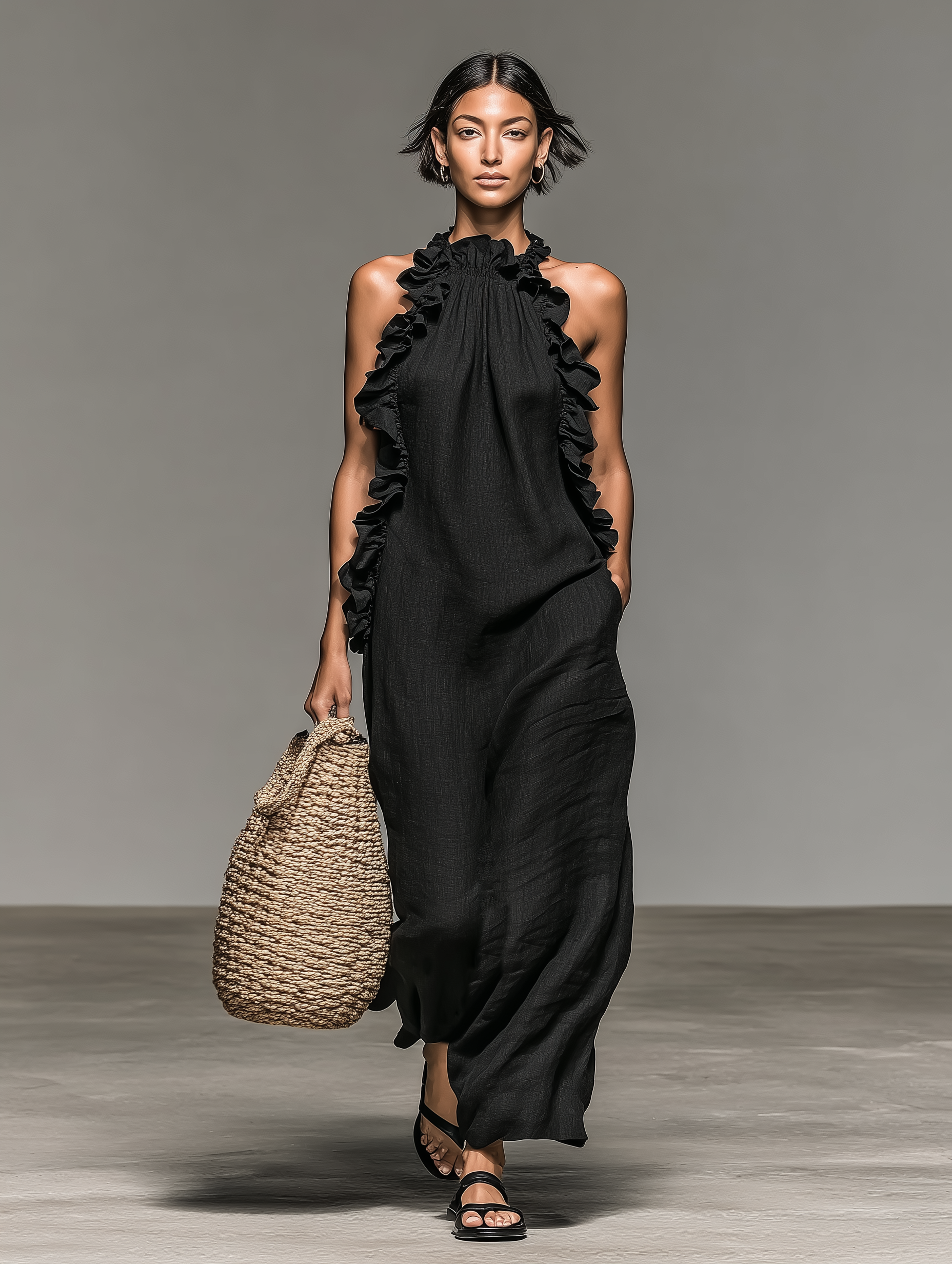 Vestido maxi sem mangas, em uma mistura de linho, com detalhes de folhos