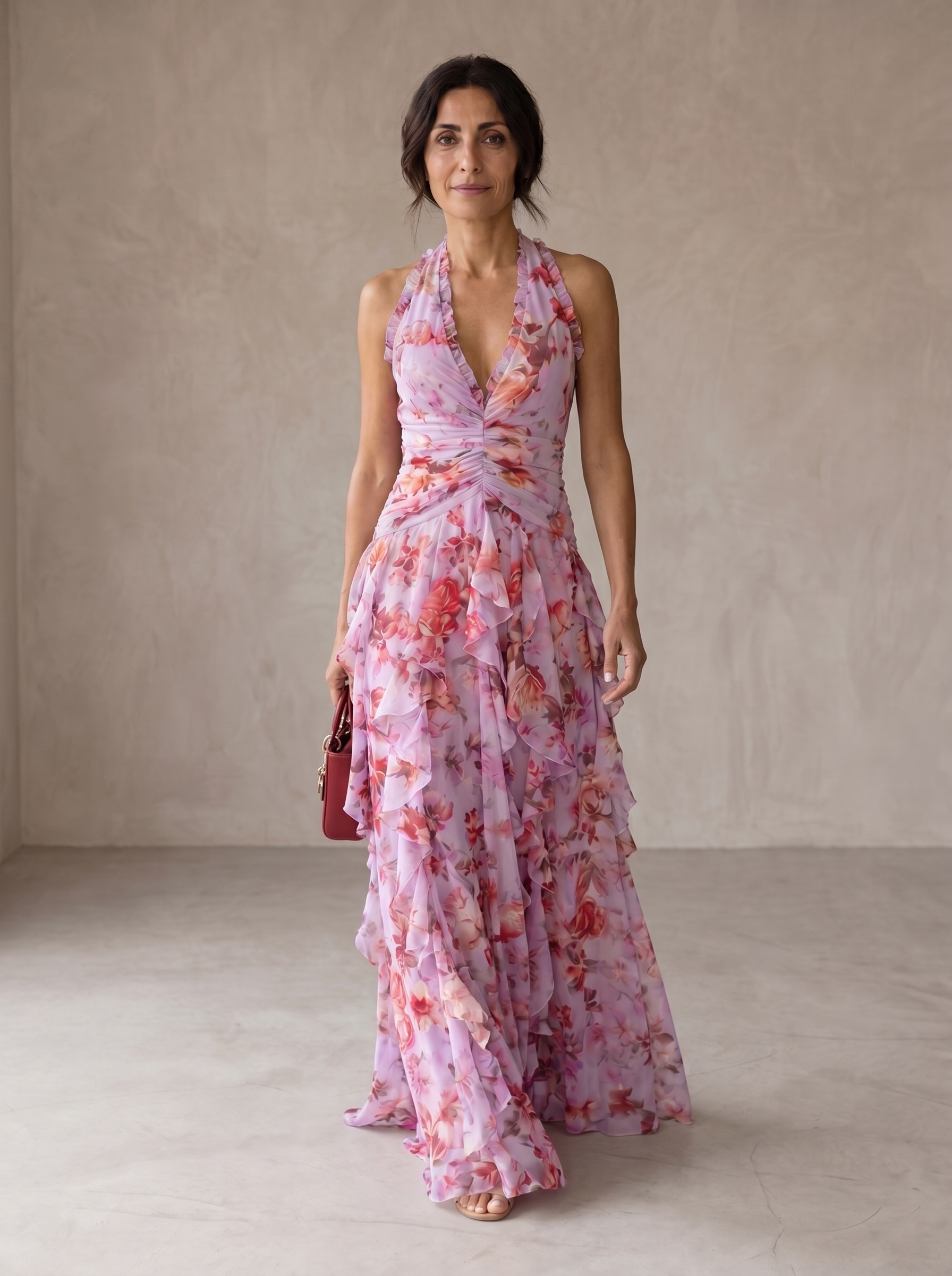 Belladina | Romântica Cascata de Rosas – Vestido longo com decote à americana