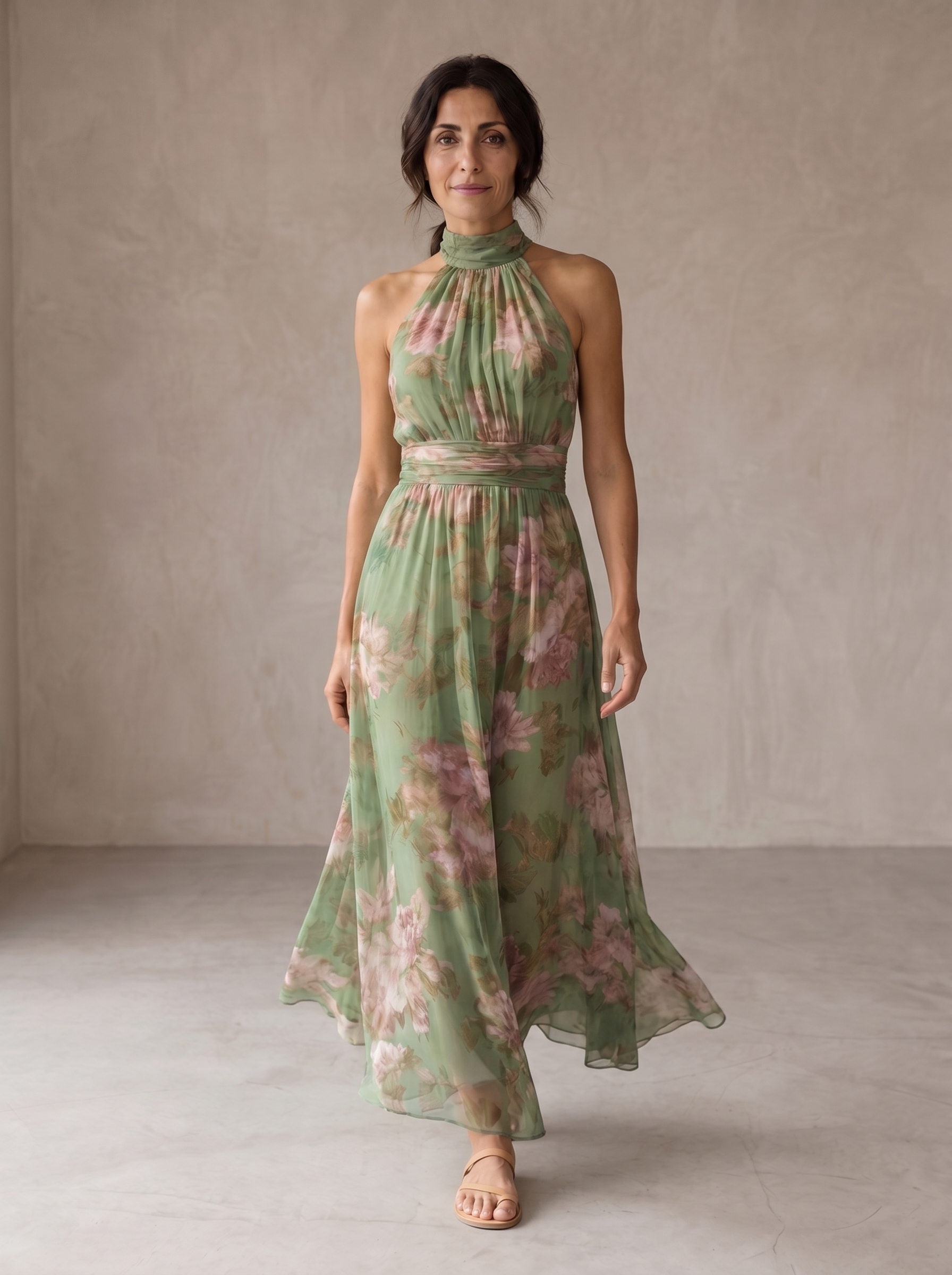 Livia | Vestido maxi elegante com decote halter e padrão floral