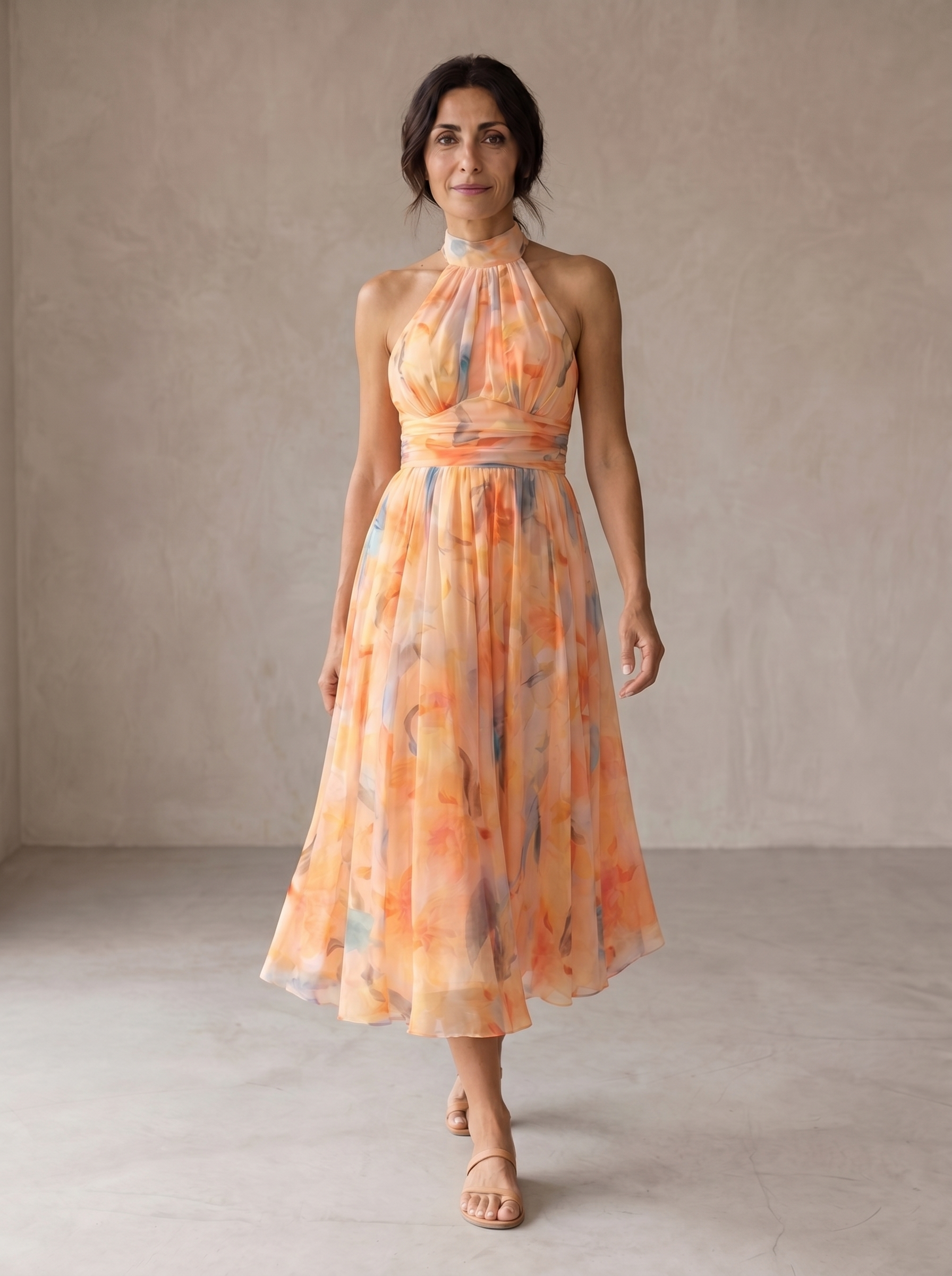 Aurora | Vestido com decote halter e estampado em aquarela