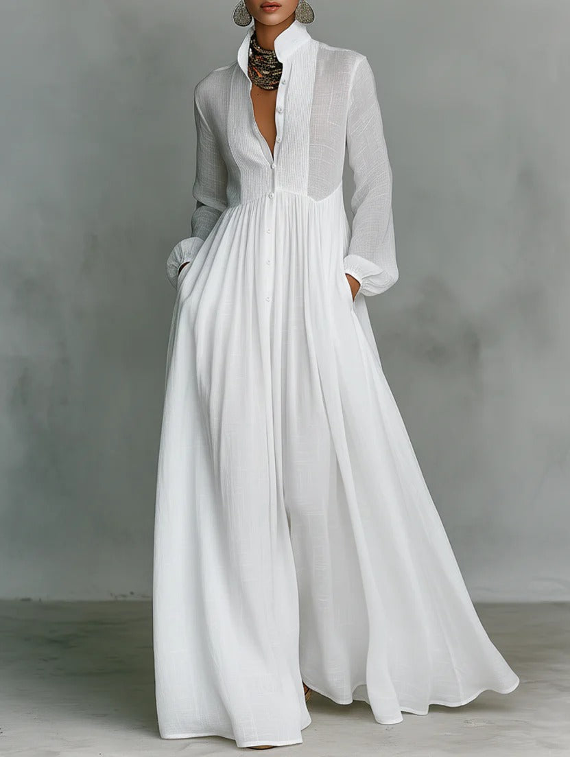 Celine | Vestido maxi branco com botões e queda fluida