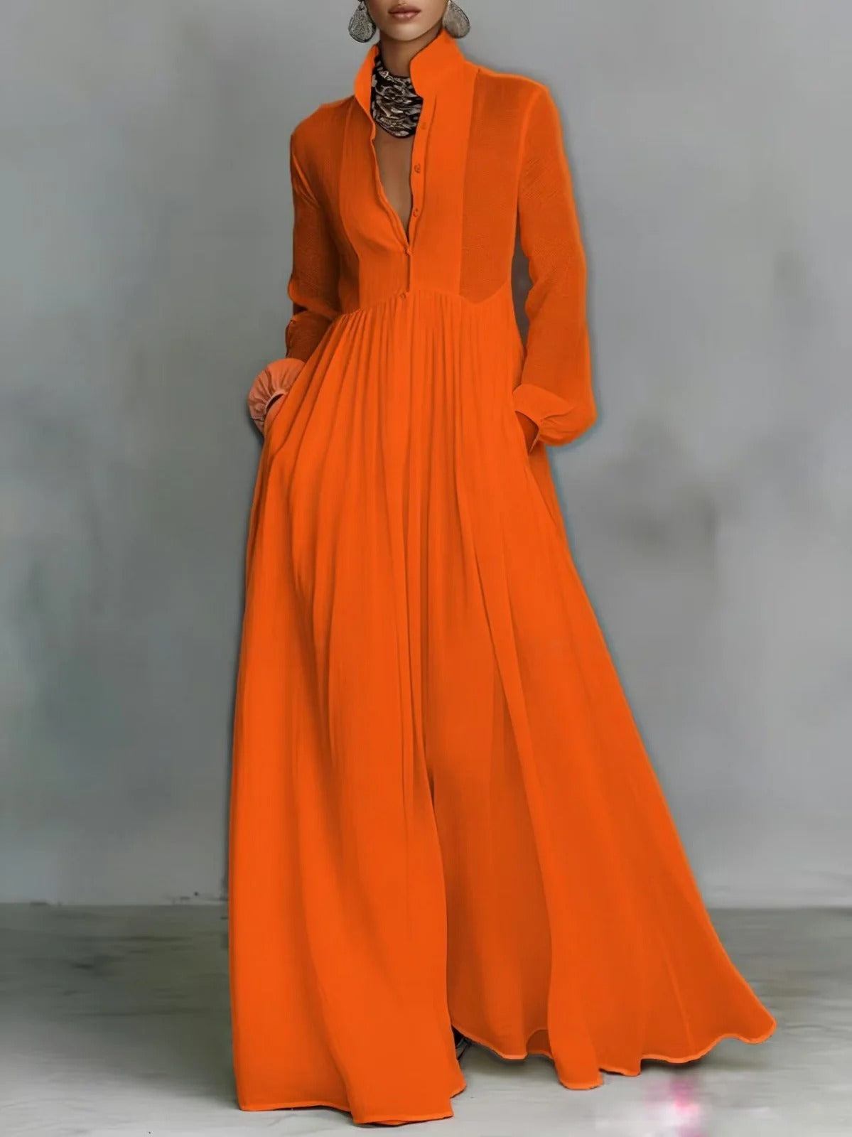 Celine | Vestido maxi laranja com botões e queda fluida