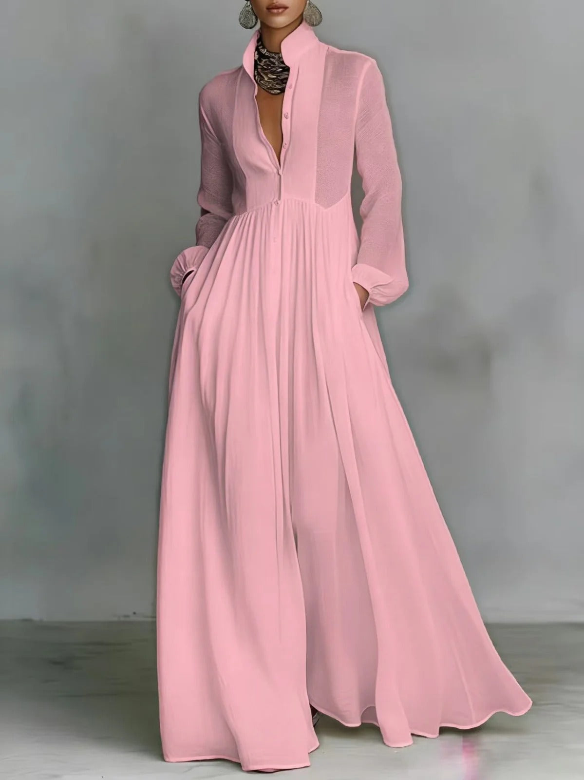 Celine | Vestido maxi rosa claro com botões e queda fluida