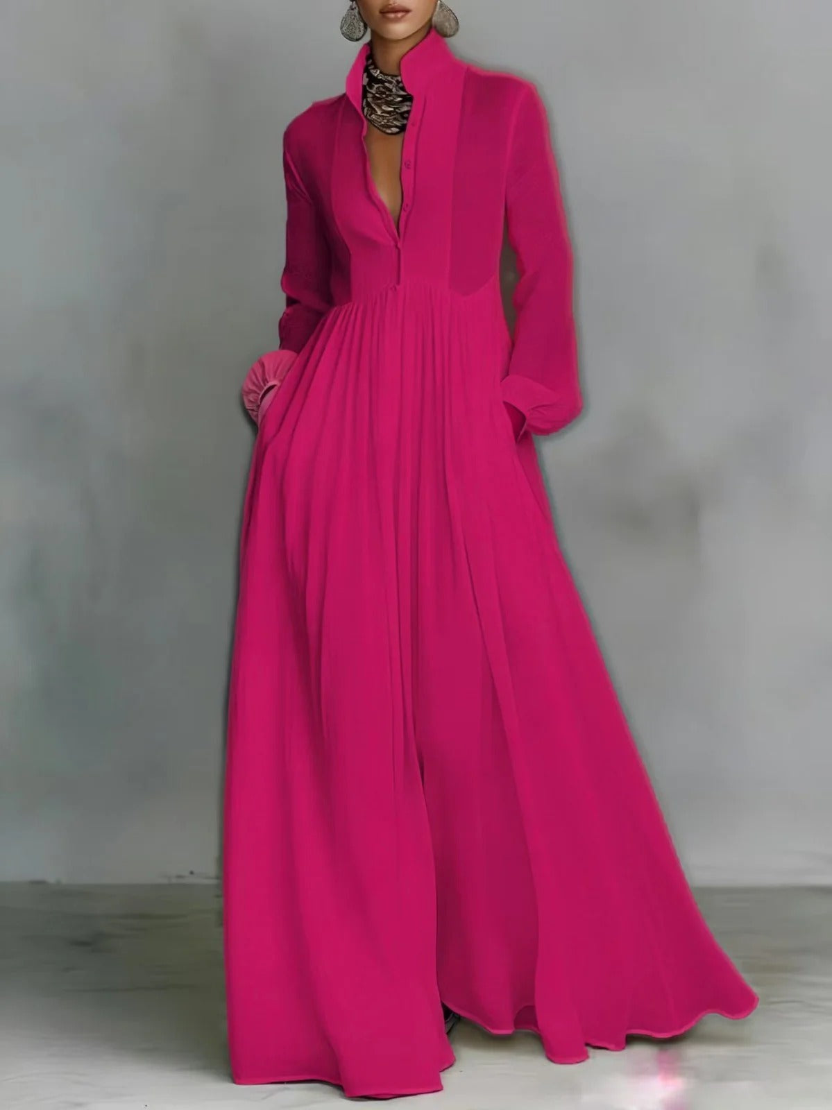 Celine | Vestido maxi rosa escuro com botões e queda fluida
