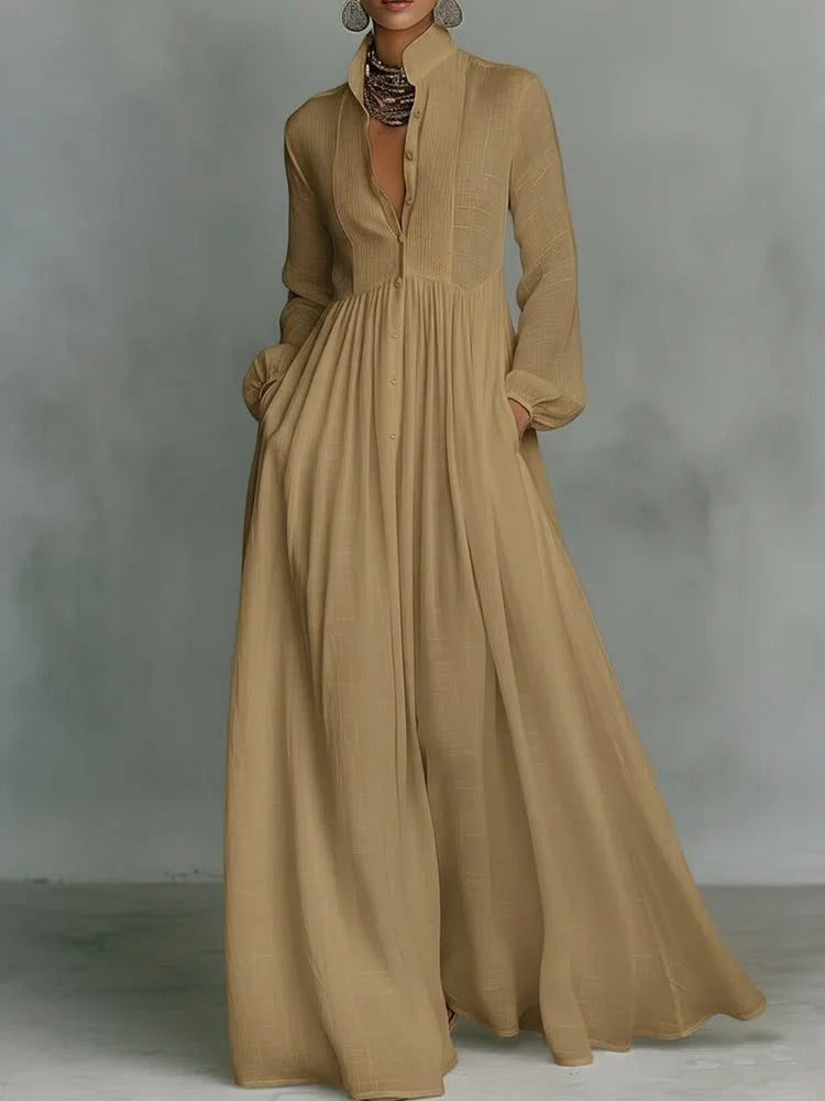 Celine | Vestido maxi castanho com botões e queda fluida