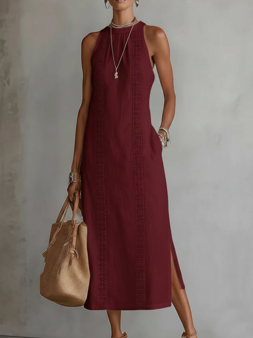 Celine | Vestido midi bordeaux sem mangas com painel de renda