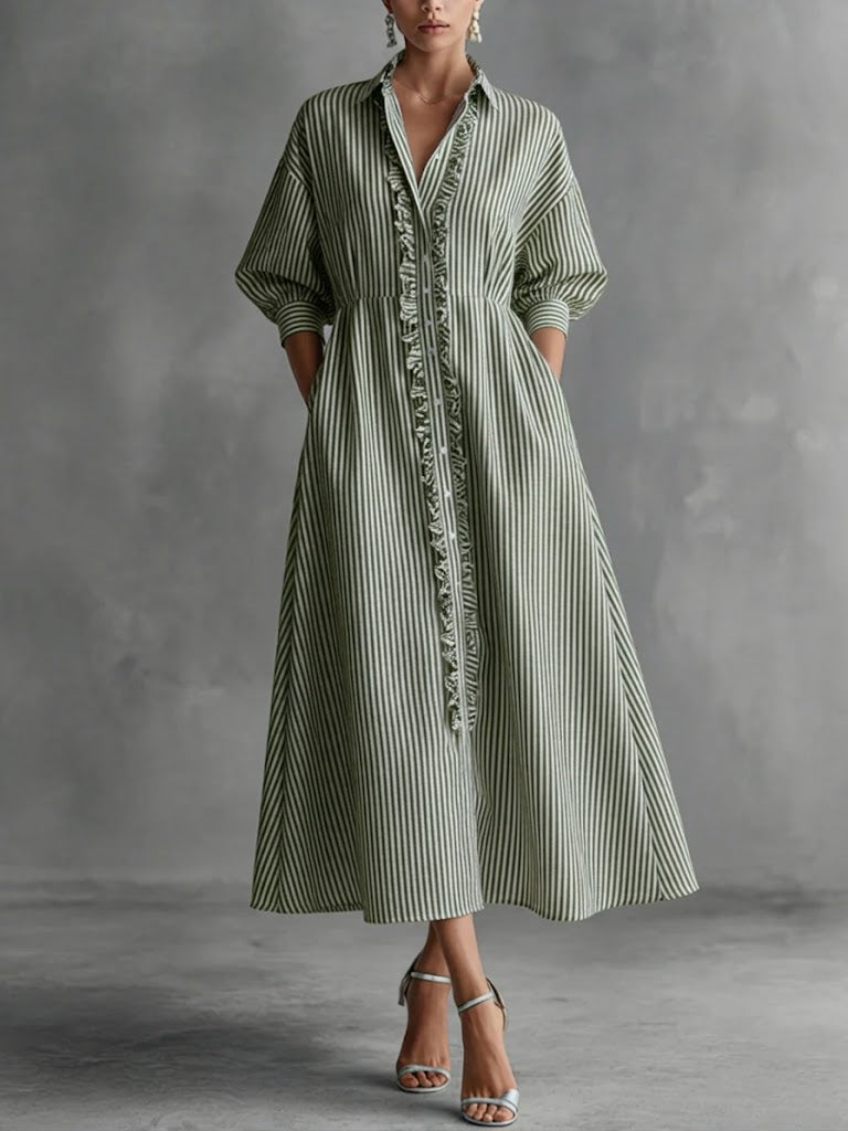 Elin | Vestido maxi às riscas com folhos