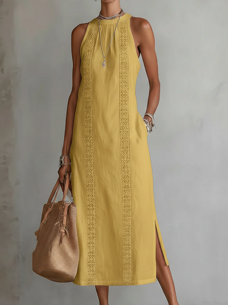 Celine | Vestido midi amarelo sem mangas com painel de renda