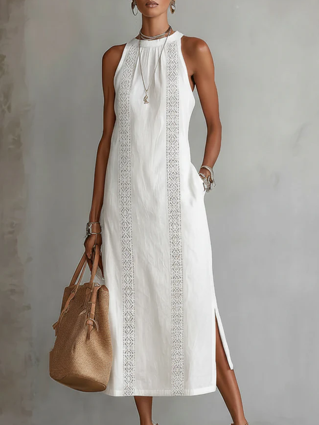 Celine | Vestido midi branco sem mangas com painel de renda