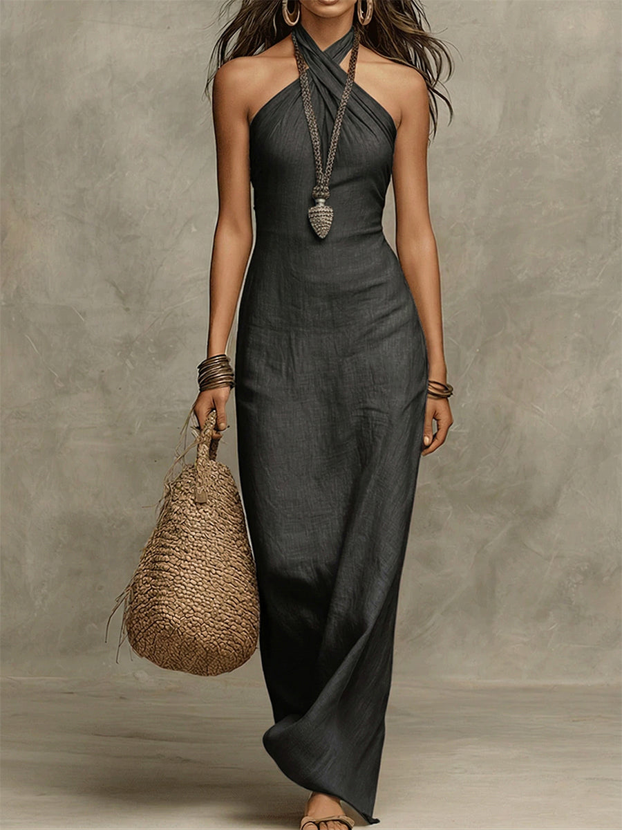 Avelina™ | Vestido maxi voluptuoso com decote à espinha, em algodão e linho