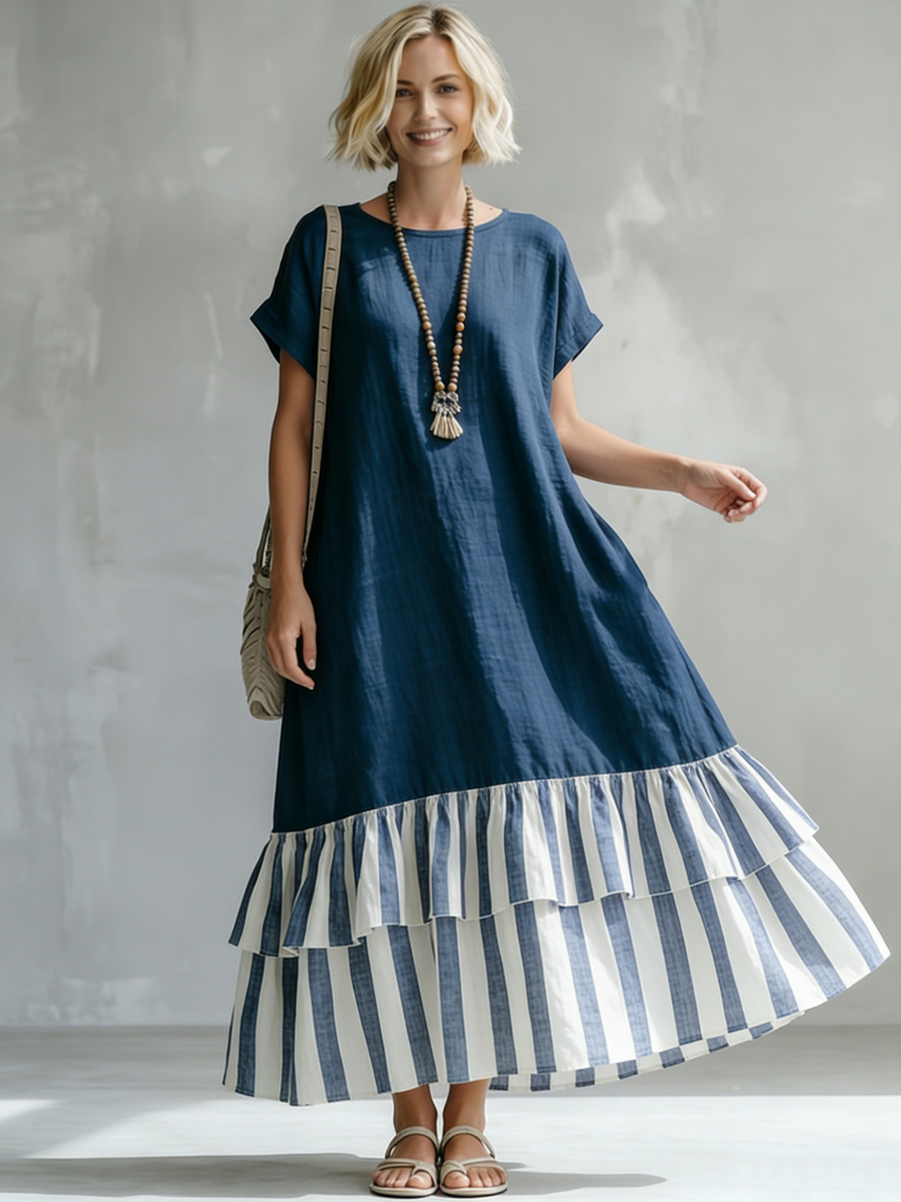 Lumi | Vestido maxi em camadas com efeito às riscas