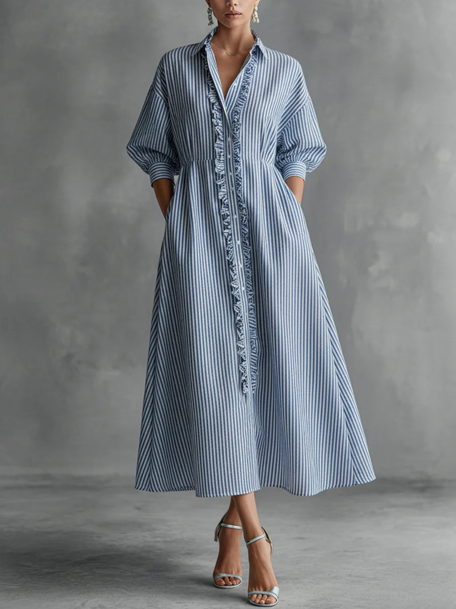 Elin | Vestido maxi às riscas com folhos