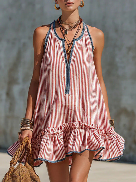 Fiammetta | Vestido mini sem mangas, às riscas, com folhos e decote redondo