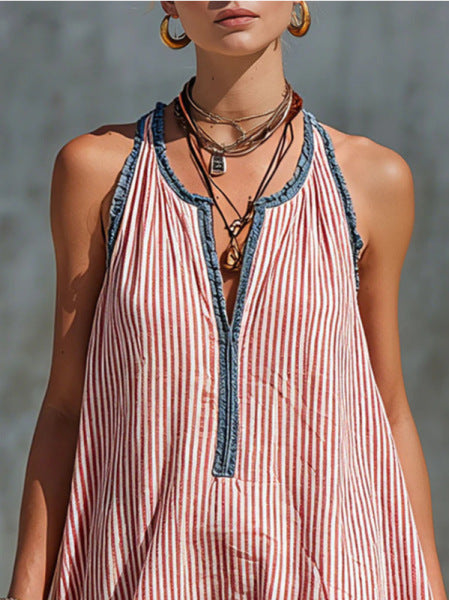 Fiammetta | Vestido mini sem mangas, às riscas, com folhos e decote redondo